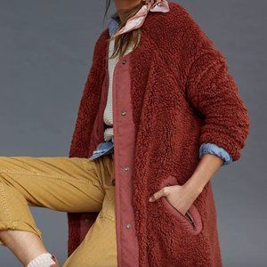 SALE!! NWOT ANTHRO Margot Reversible Red Fleece Sherpa Teddy Coat Women's Size S
